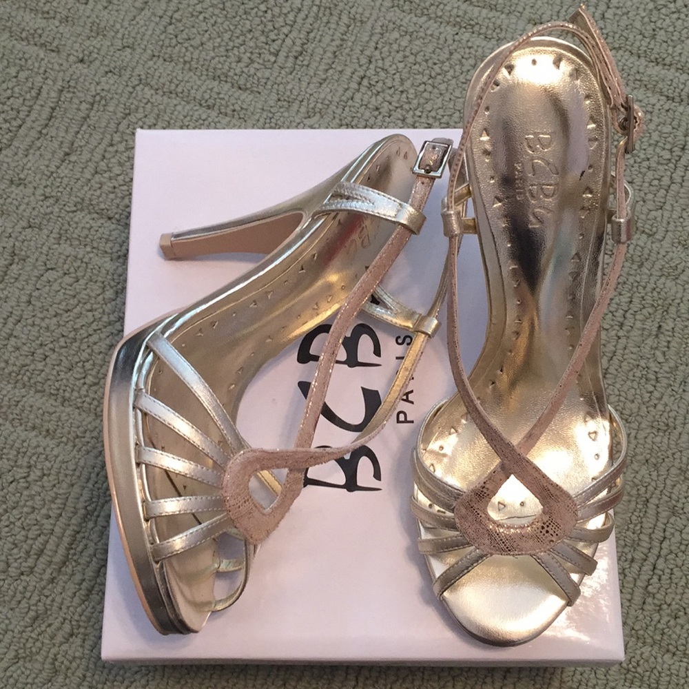 BCBG Paris gold strappy evening shoes